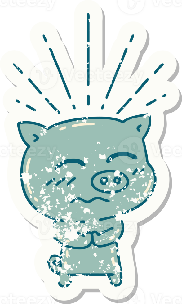 worn old sticker of a tattoo style nervous pig character png