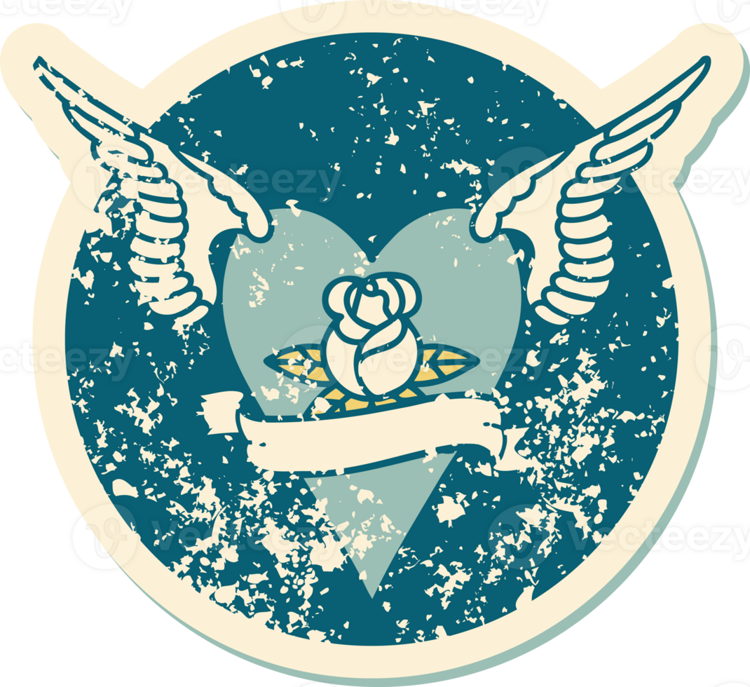 iconic distressed sticker tattoo style image of a flying heart with flowers and banner png