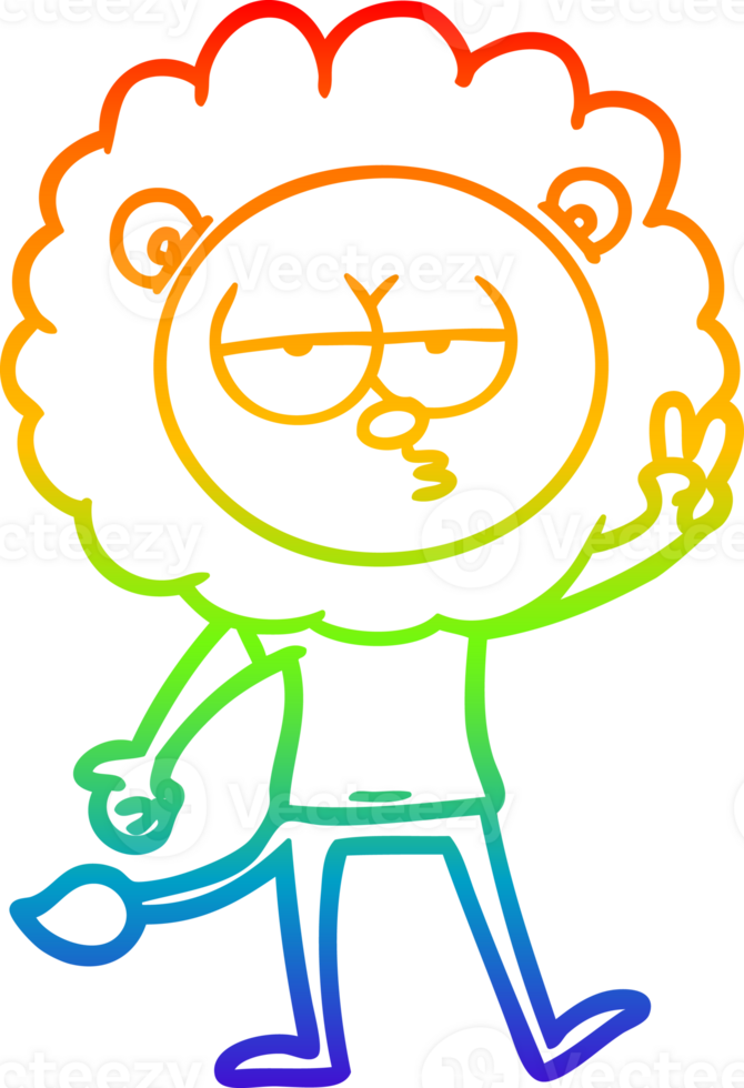 rainbow gradient line drawing of a cartoon bored lion waving png