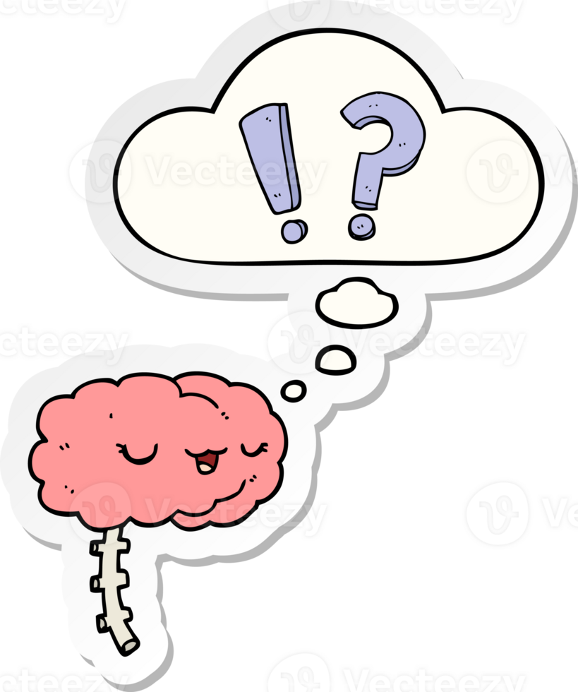 cartoon curious brain with thought bubble as a printed sticker png