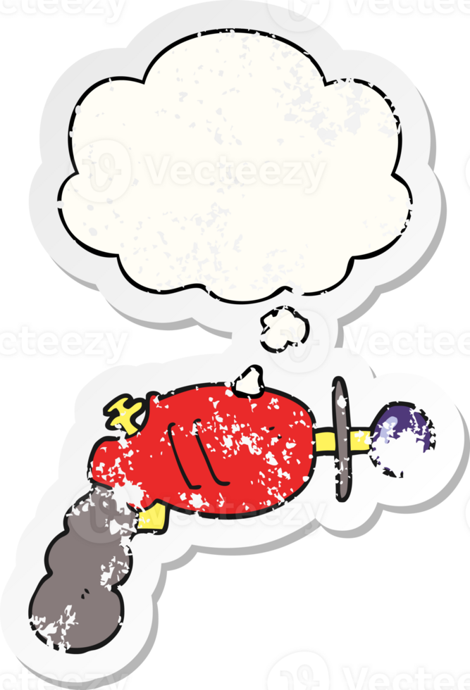 cartoon ray gun with thought bubble as a distressed worn sticker png