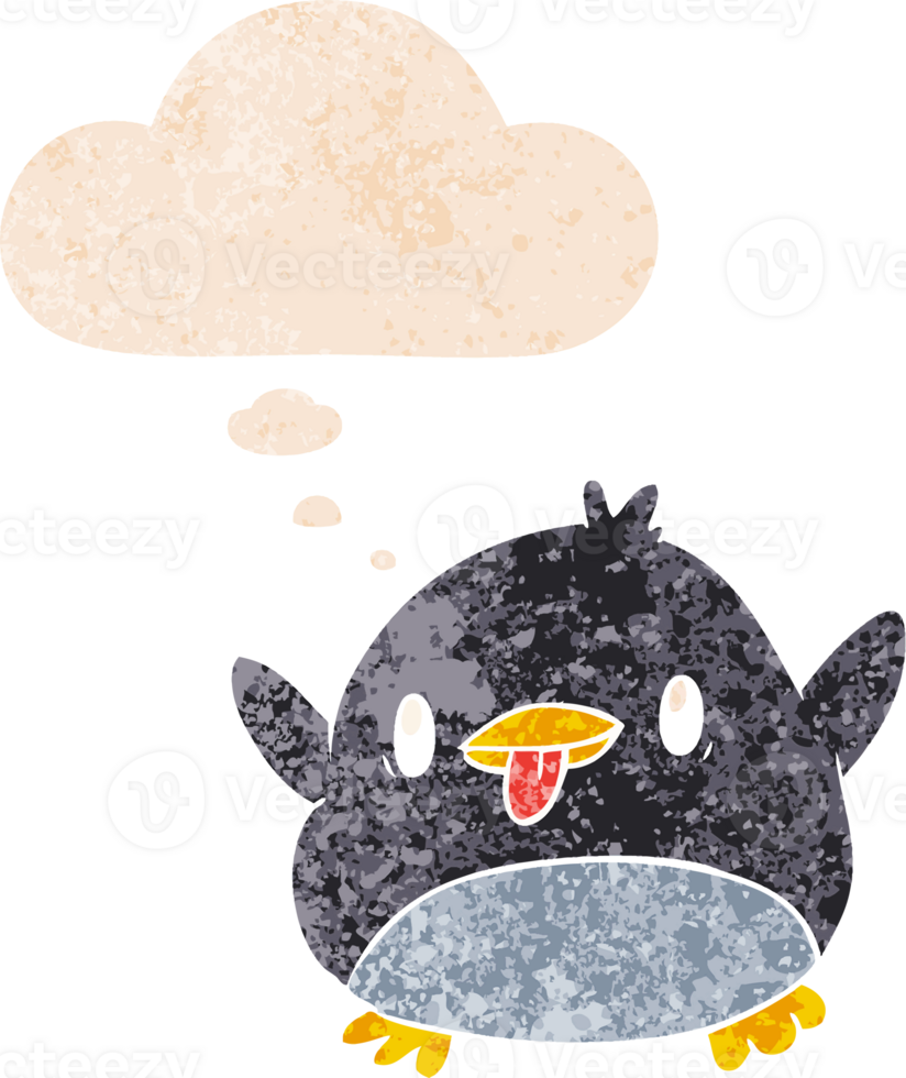 cute cartoon penguin with thought bubble in grunge distressed retro textured style png