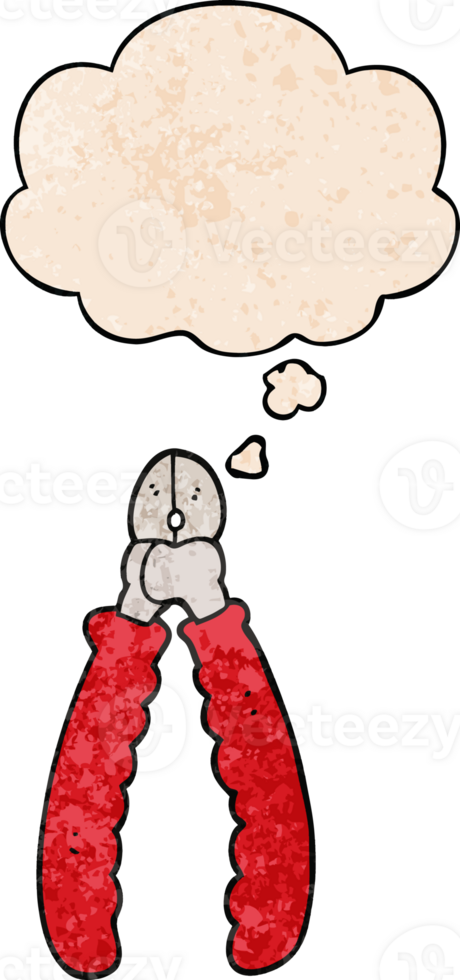 cartoon pliers with thought bubble in grunge texture style png