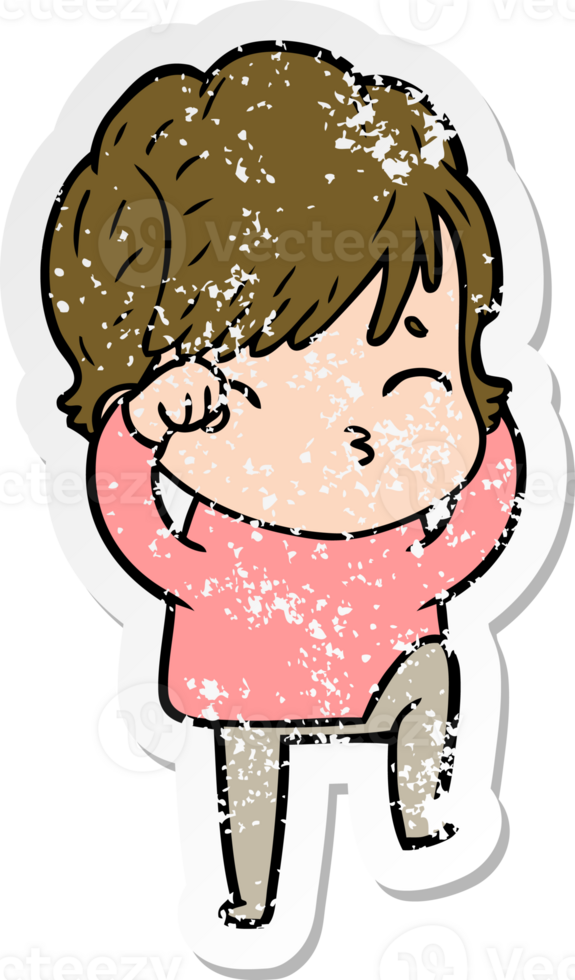 distressed sticker of a cartoon woman thinking png