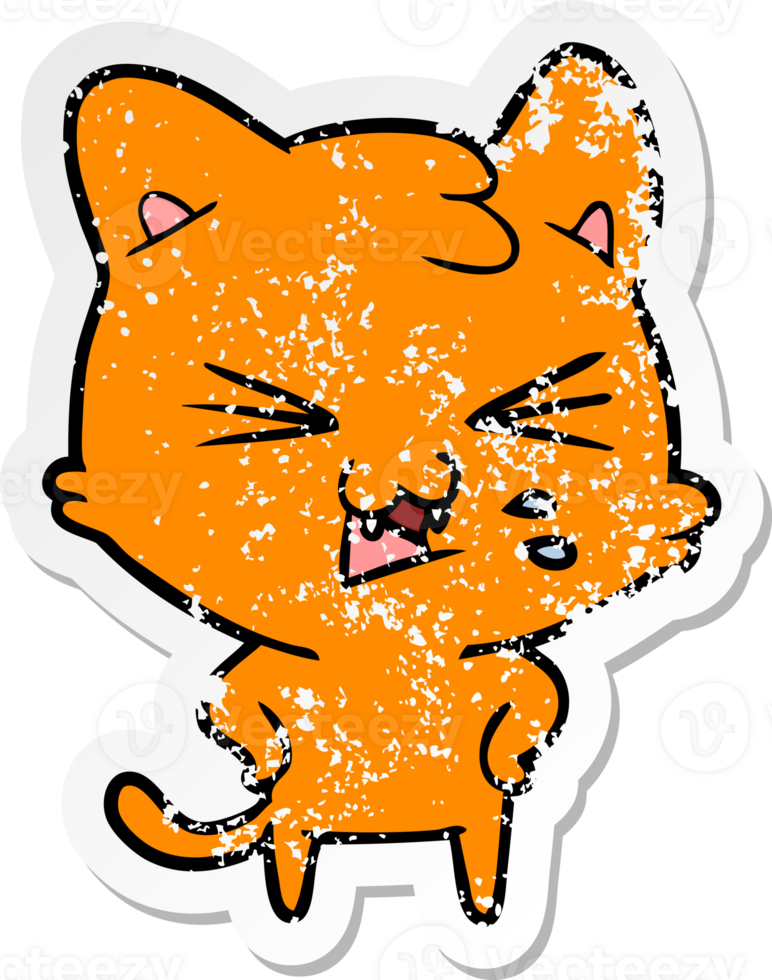 distressed sticker of a cartoon hissing cat png