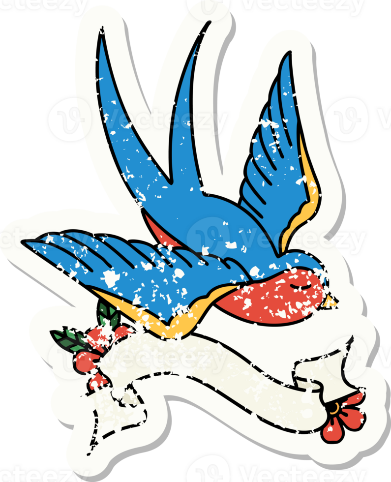 worn old sticker with banner of a swallow png