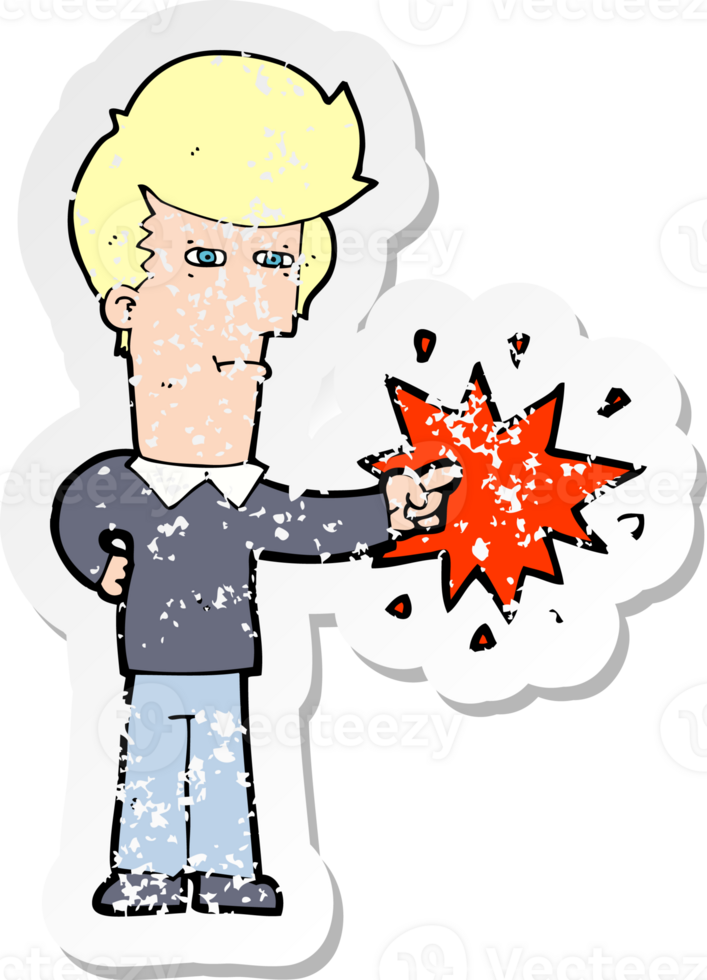 retro distressed sticker of a cartoon man pointing png