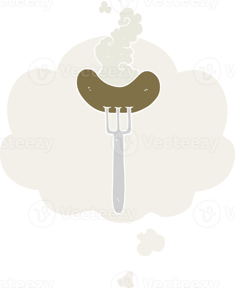 cartoon sausage on fork with thought bubble in retro style png