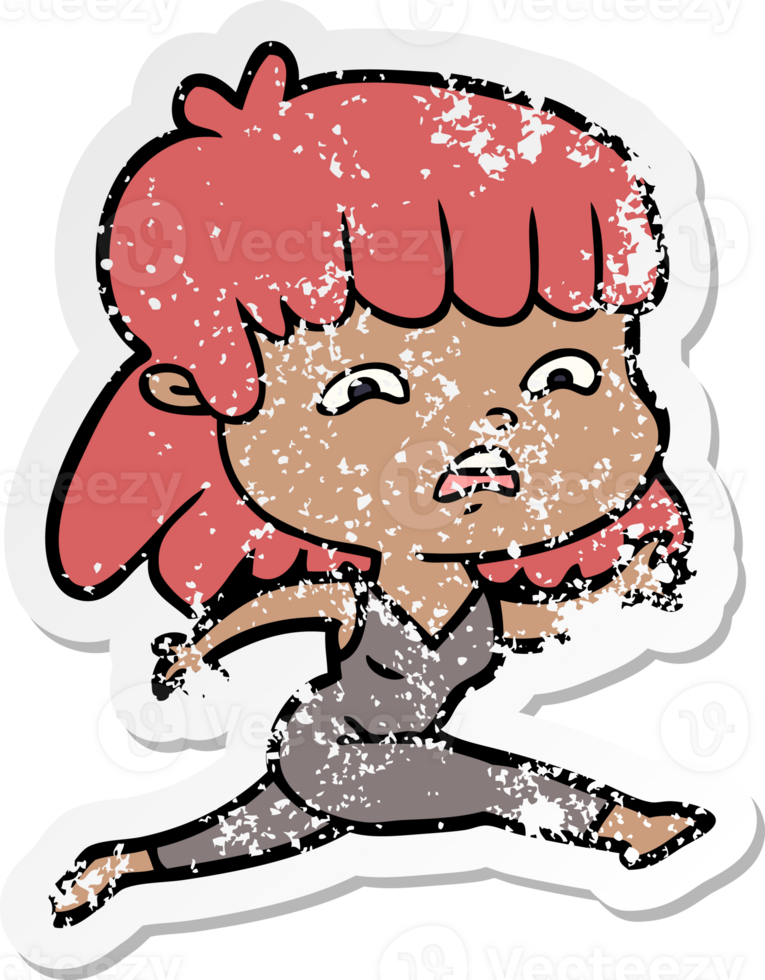 distressed sticker of a cartoon worried woman png