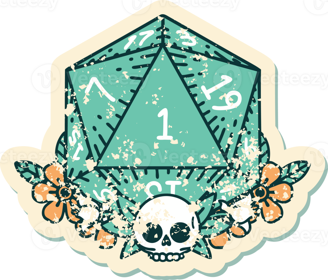 grunge sticker of a natural one dice roll with floral elements png