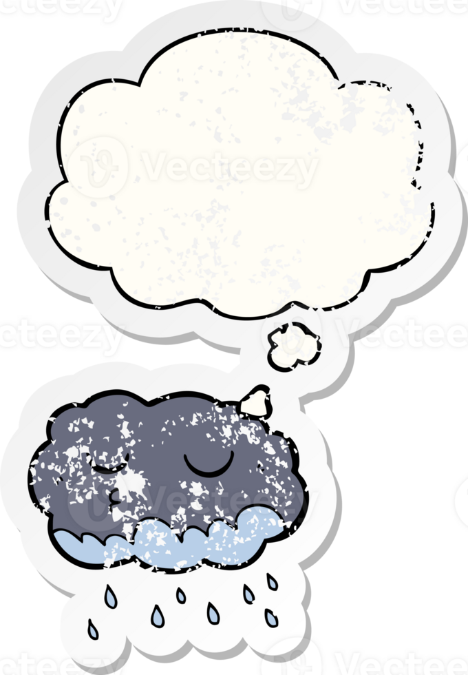 cartoon rain cloud with thought bubble as a distressed worn sticker png