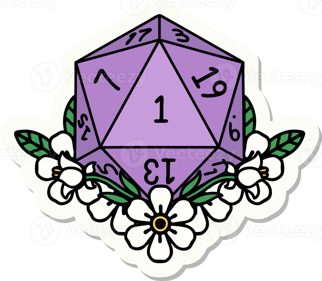 sticker of a natural one dice roll with floral elements png