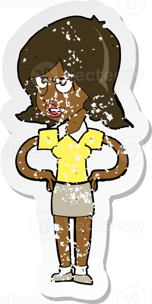retro distressed sticker of a cartoon annoyed woman with hands on hips png