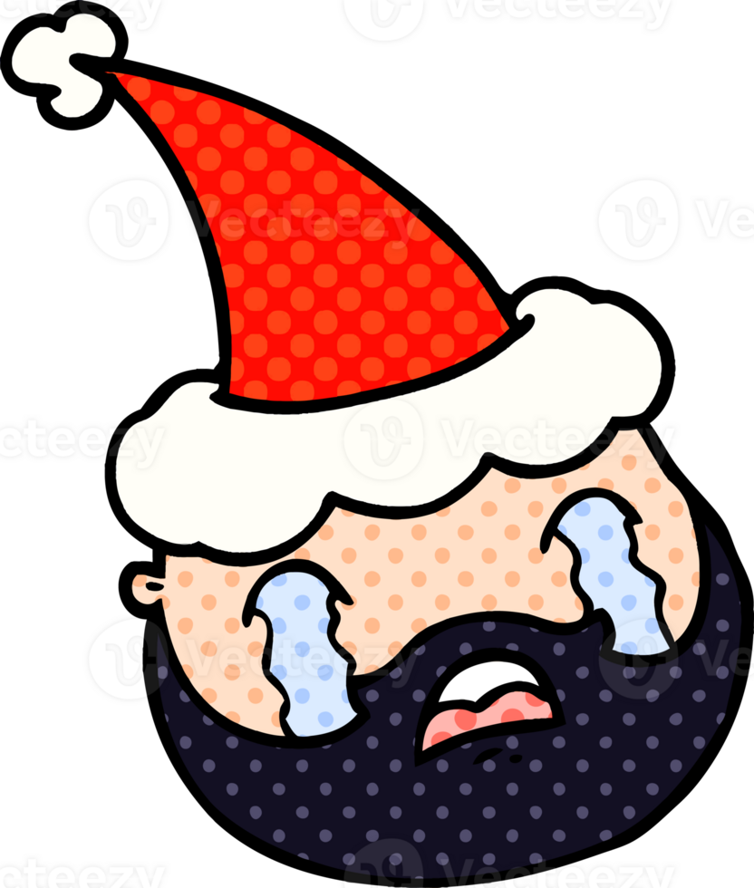 hand drawn comic book style illustration of a male face with beard wearing santa hat png