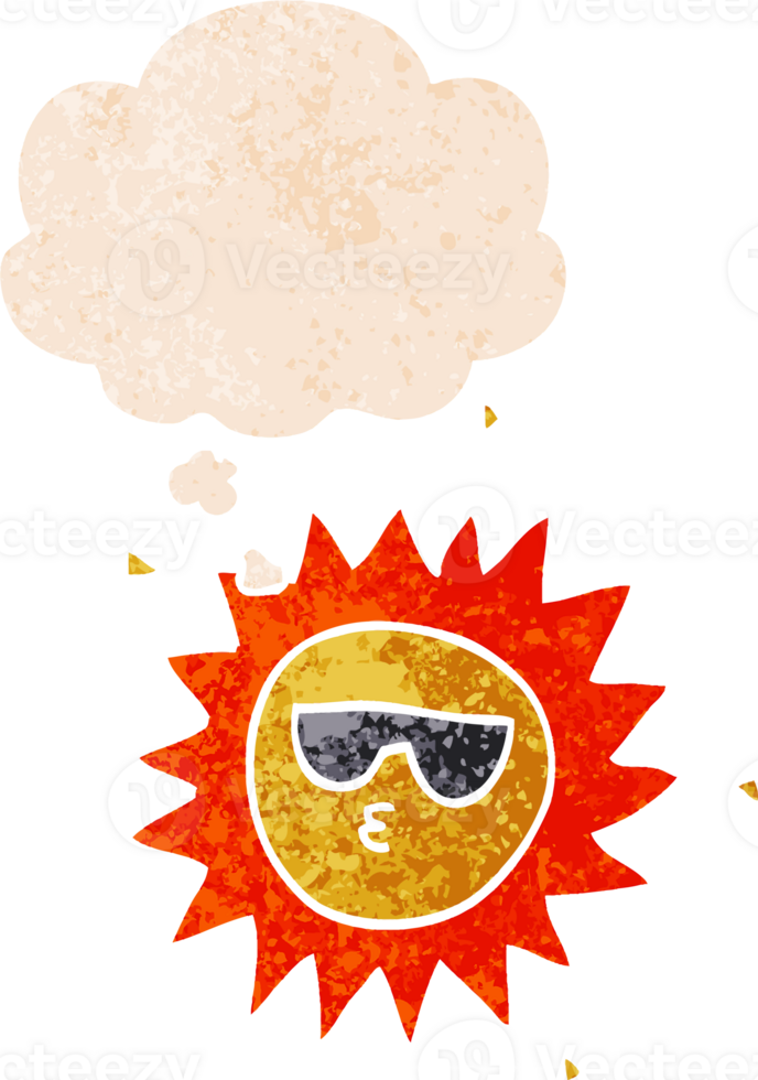 cartoon sun with thought bubble in grunge distressed retro textured style png