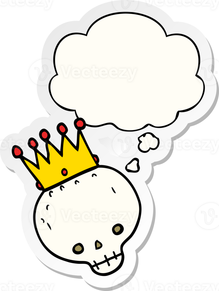 cartoon skull with crown with thought bubble as a printed sticker png