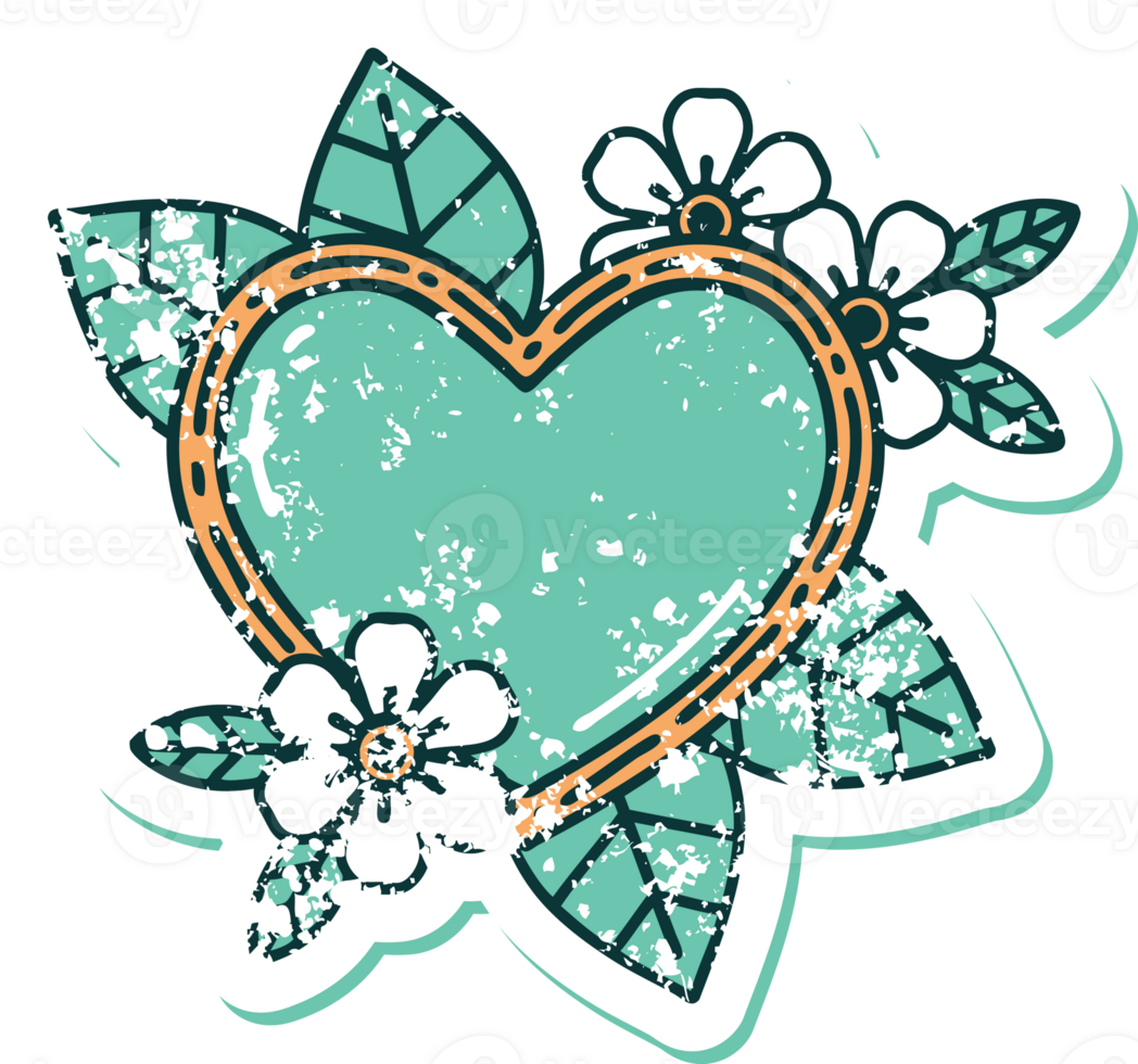 iconic distressed sticker tattoo style image of a botanical heart png