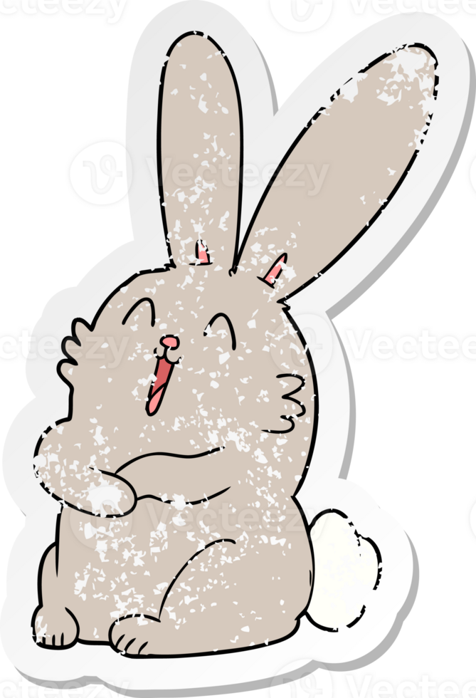 distressed sticker of a cartoon laughing bunny rabbit png