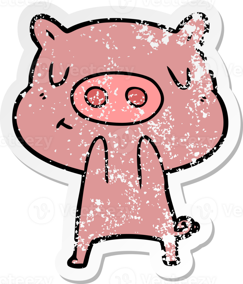distressed sticker of a cartoon content pig png