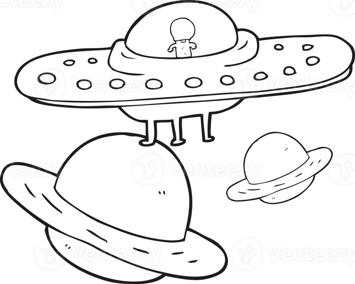 hand drawn black and white cartoon flying saucer in space 45080674 PNG