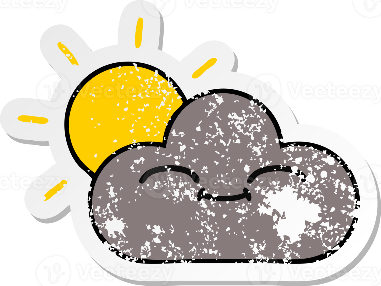 distressed sticker of a cute cartoon storm cloud and sun png