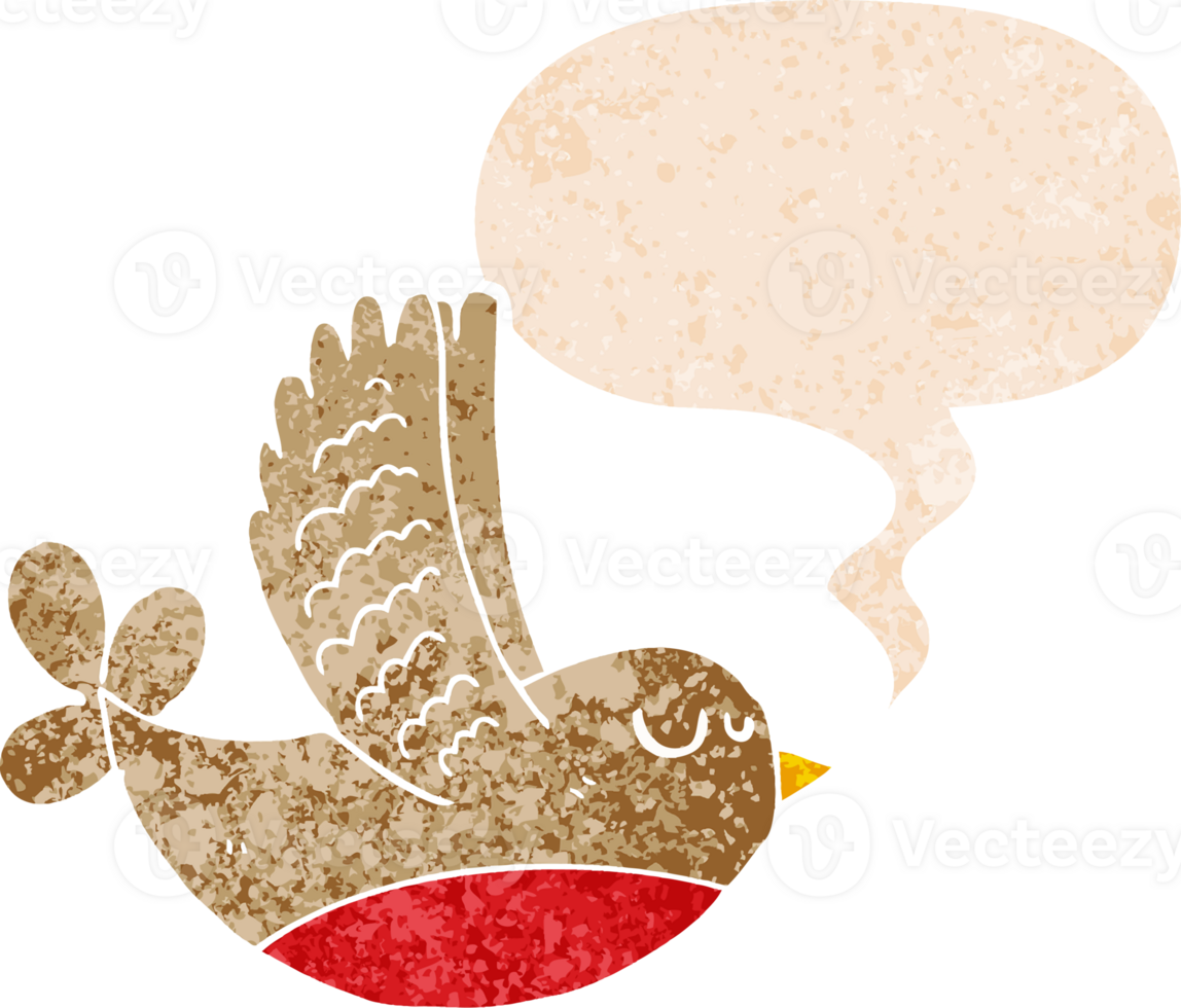 cartoon bird with speech bubble in grunge distressed retro textured style png