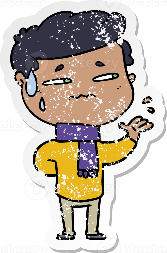 distressed sticker of a cartoon anxious man png