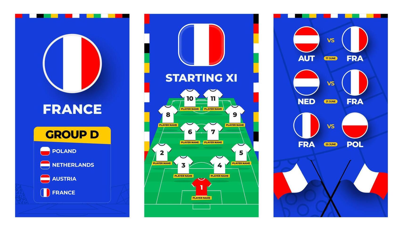 France team football 2024 vertical banner set for social media. Football 2024 banner set with group, pin flag, match schedule and line-up on soccer field vector