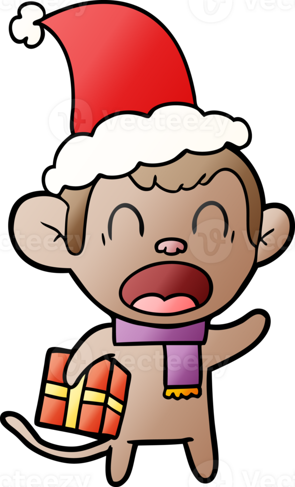 shouting hand drawn gradient cartoon of a monkey carrying christmas gift wearing santa hat png
