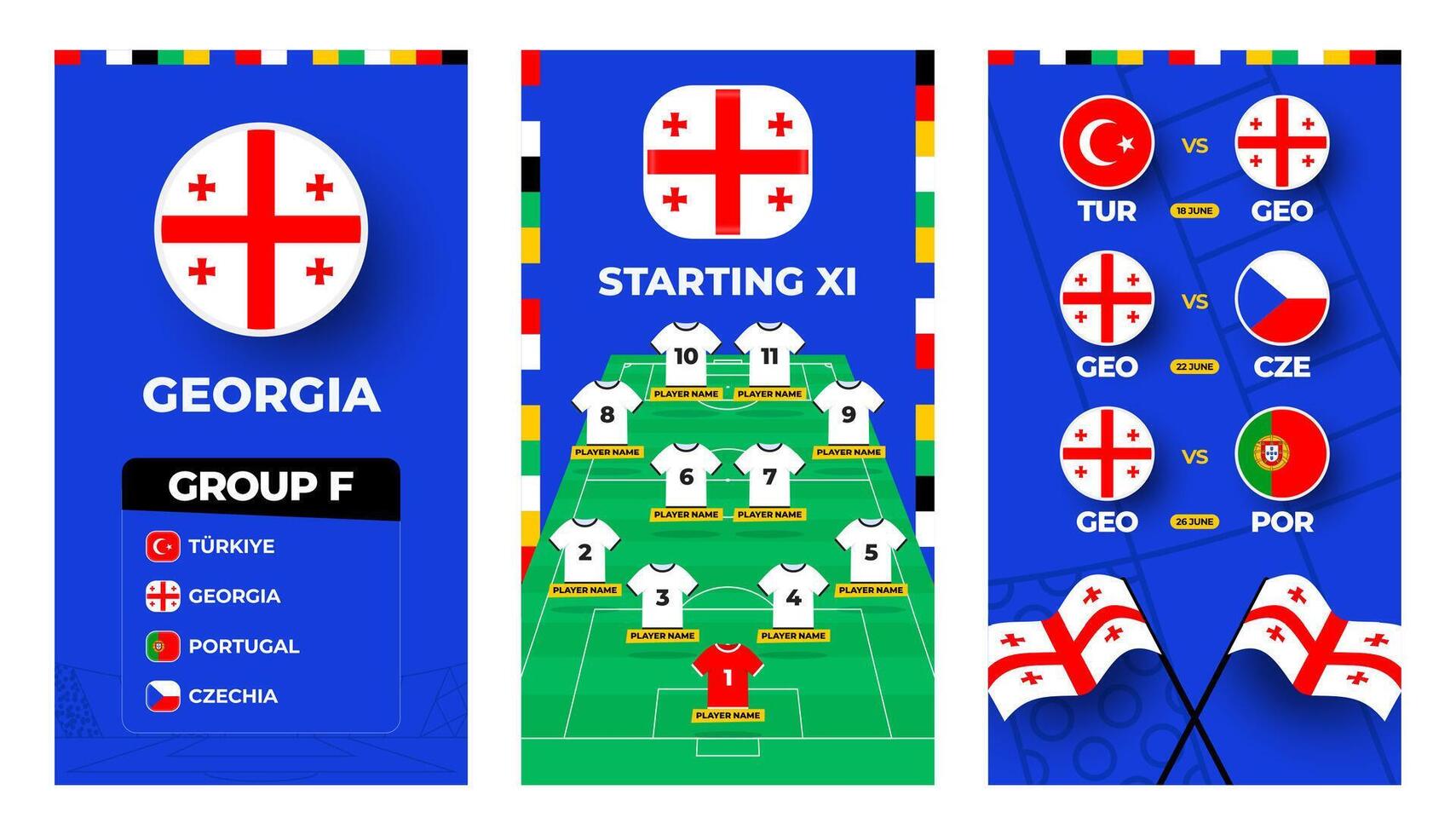 Georgia team football 2024 vertical banner set for social media. Football 2024 banner set with group, pin flag, match schedule and line-up on soccer field vector
