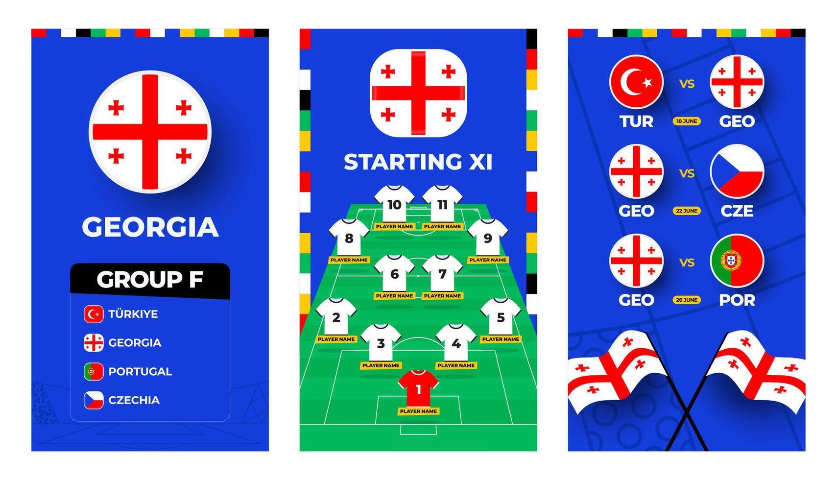 Georgia equipo fútbol americano 2024 vertical bandera conjunto para social medios de comunicación. fútbol americano 2024 bandera conjunto con grupo, alfiler bandera, partido calendario y póngase en fila en fútbol campo vector