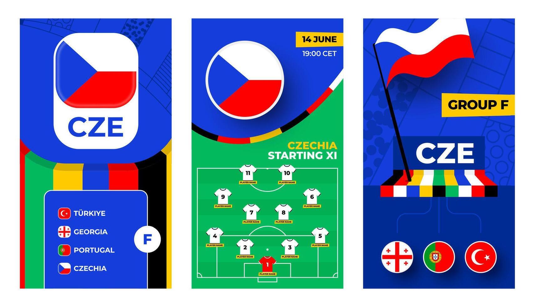 Czechia Football team 2024 vertical banner set for social media. Football 2024 banner with group, pin flag, match schedule and line-up on soccer field vector