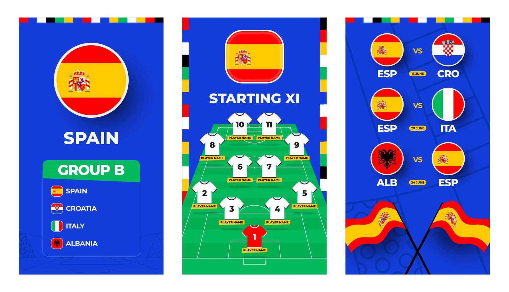 Spain team football 2024 vertical banner set for social media. Football 2024 banner set with group, pin flag, match schedule and line-up on soccer field vector