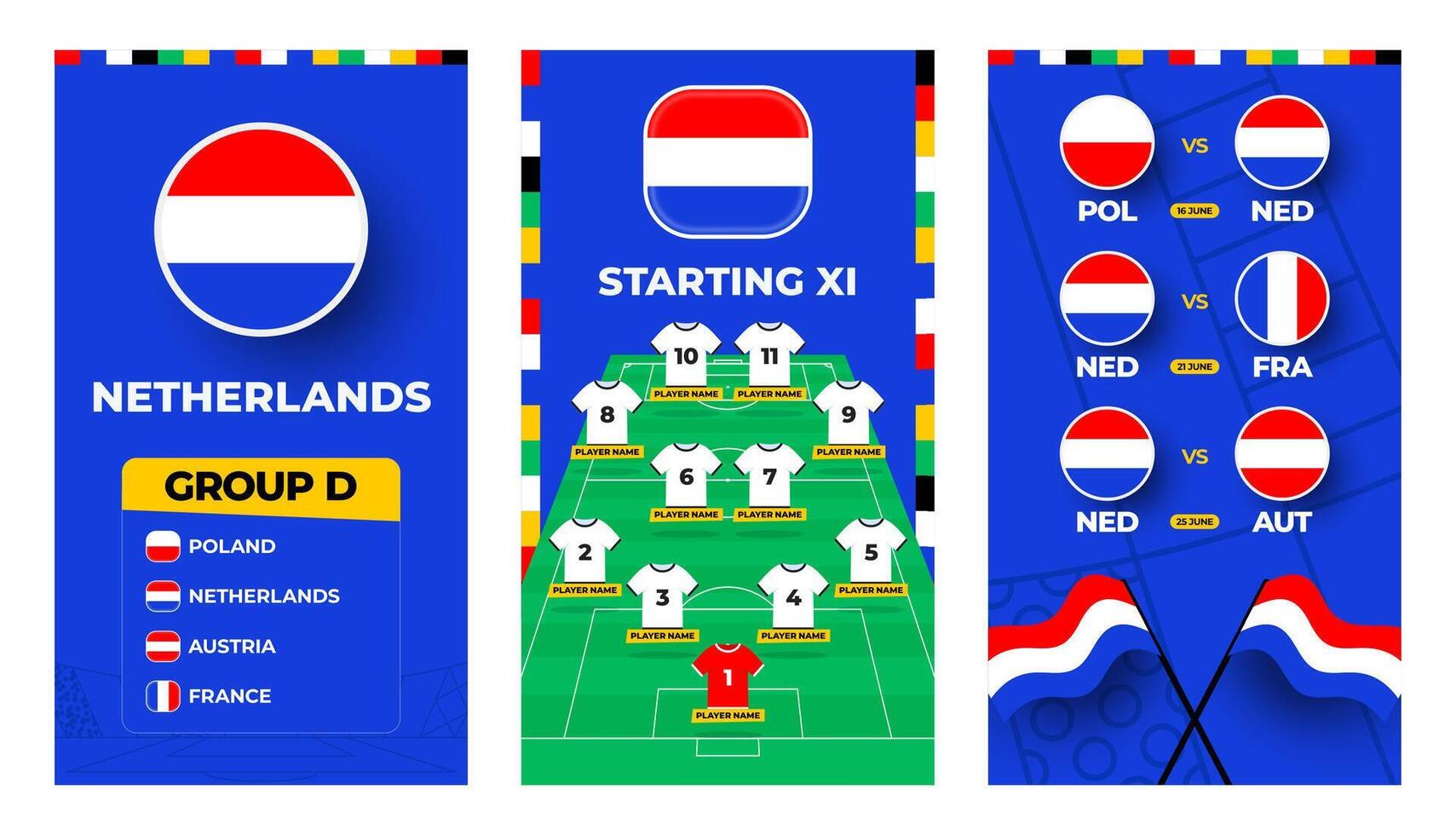 Países Bajos equipo fútbol americano 2024 vertical bandera conjunto para social medios de comunicación. fútbol americano 2024 bandera conjunto con grupo, alfiler bandera, partido calendario y póngase en fila en fútbol campo vector