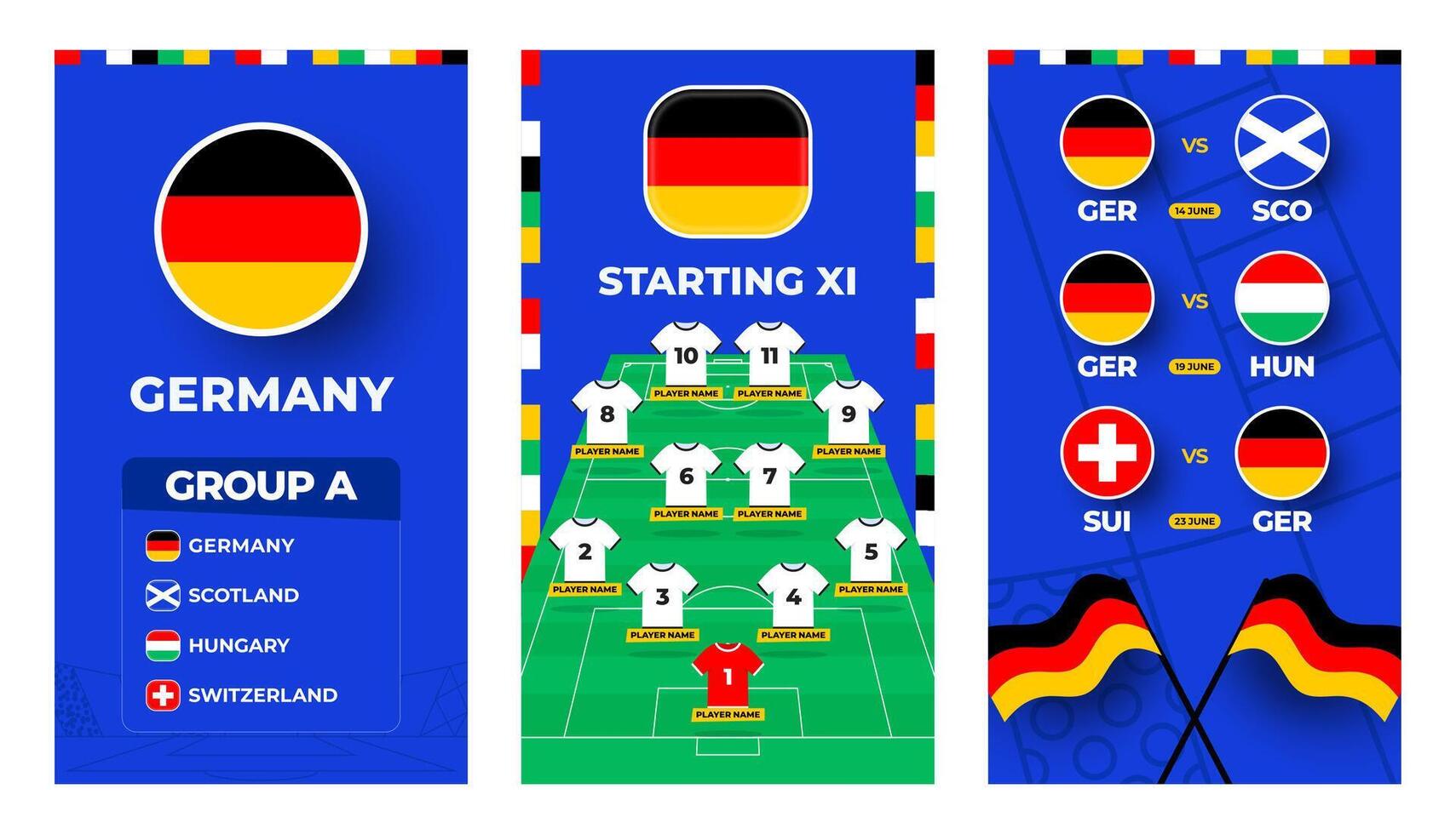 Germany team football 2024 vertical banner set for social media. Football 2024 banner set with group, pin flag, match schedule and line-up on soccer field vector