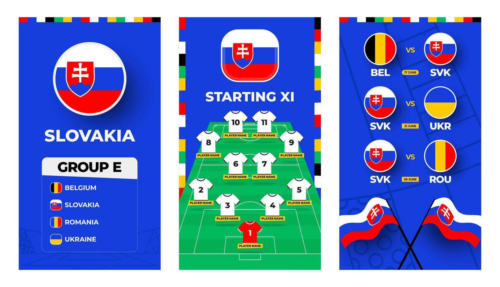 Slovakia team football 2024 vertical banner set for social media. Football 2024 banner set with group, pin flag, match schedule and line-up on soccer field vector