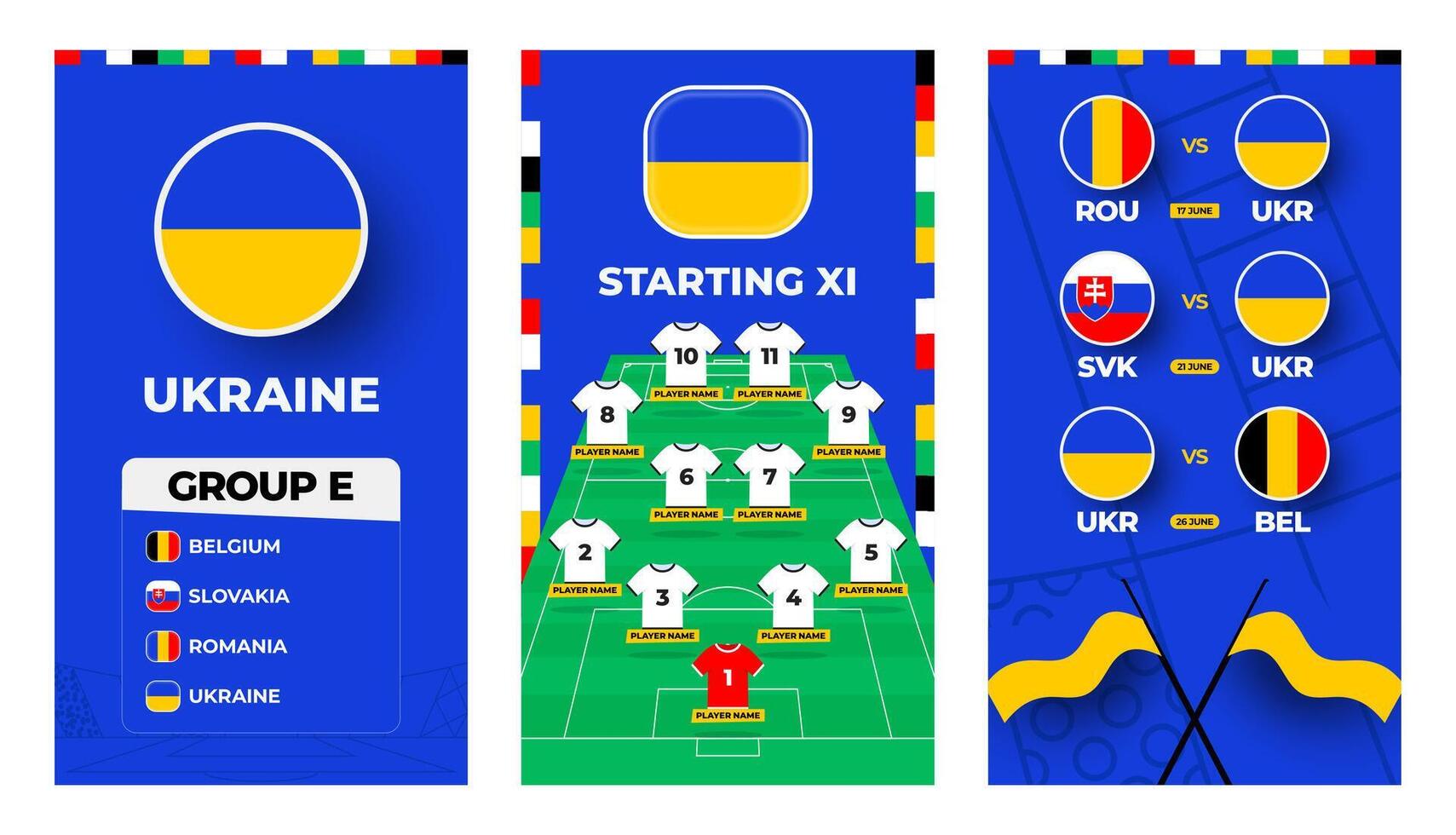 Ukraine team football 2024 vertical banner set for social media. Football 2024 banner set with group, pin flag, match schedule and line-up on soccer field vector
