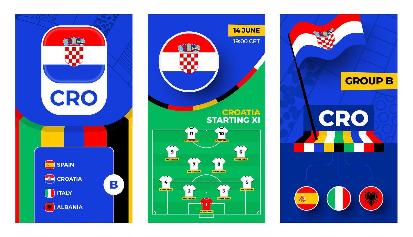 Croacia fútbol americano equipo 2024 vertical bandera conjunto para social medios de comunicación. fútbol americano 2024 bandera con grupo, alfiler bandera, partido calendario y póngase en fila en fútbol campo vector