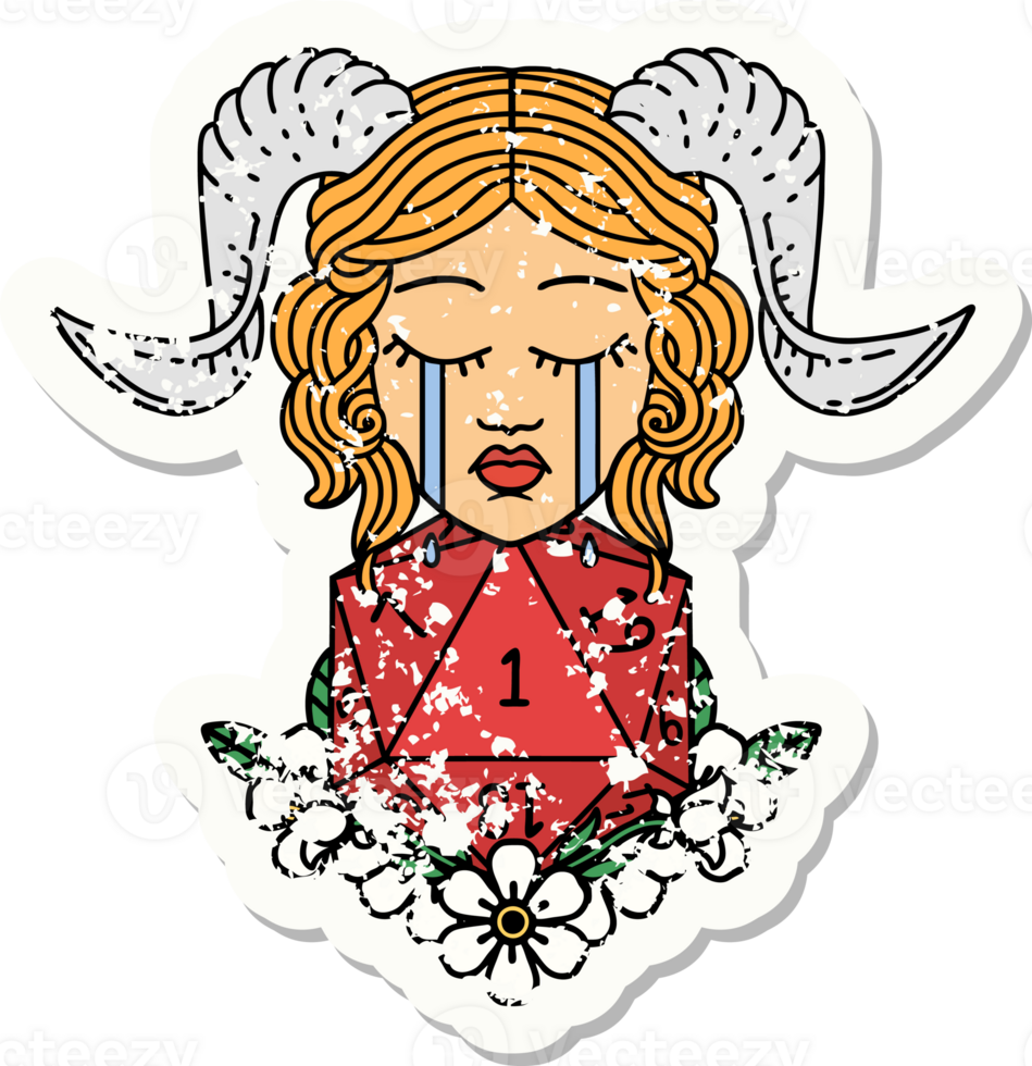 grunge sticker of a crying tiefling with natural one D20 dice roll png