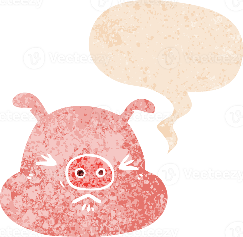 cartoon angry pig face with speech bubble in grunge distressed retro textured style png
