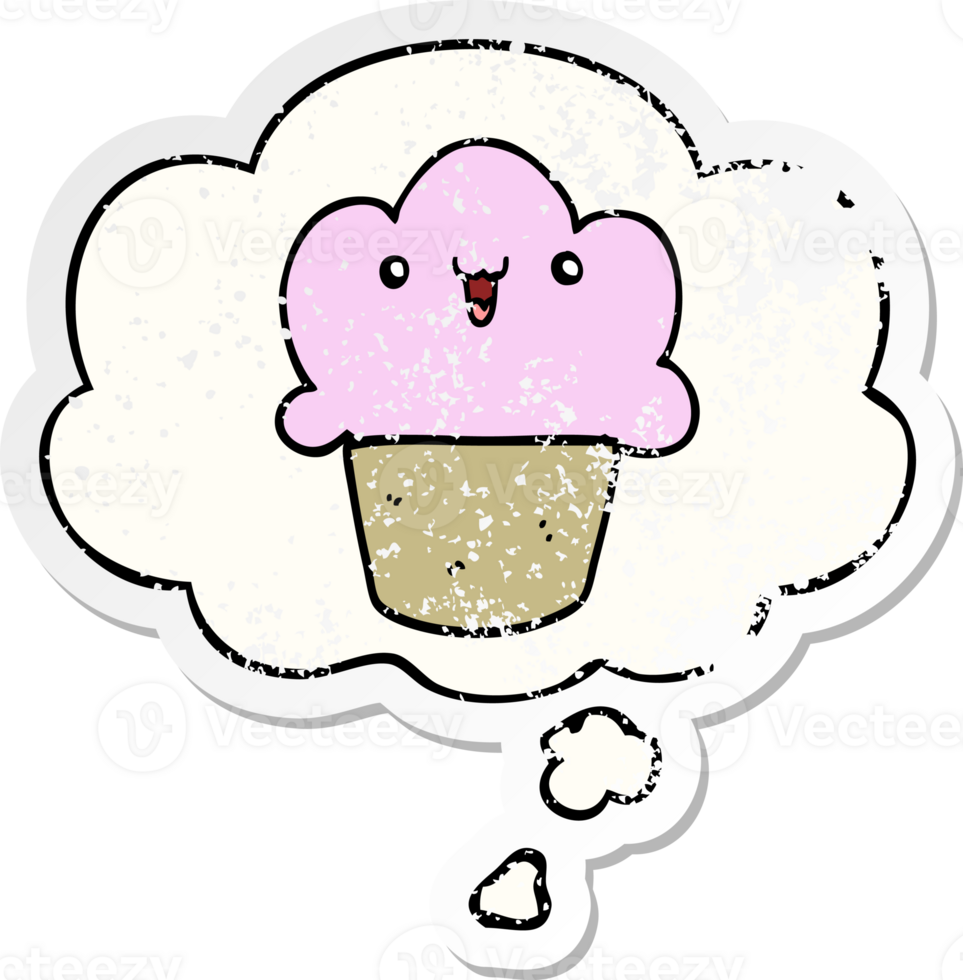 cartoon cupcake with face with thought bubble as a distressed worn sticker png