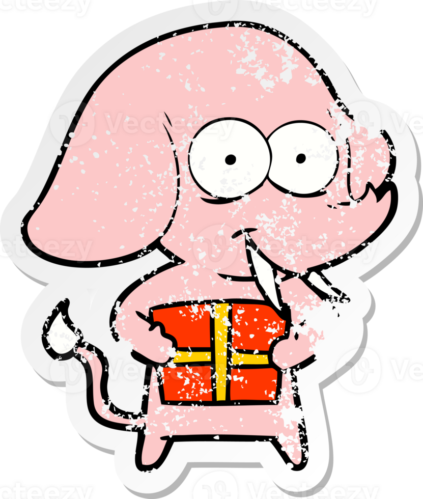distressed sticker of a happy cartoon elephant with present png