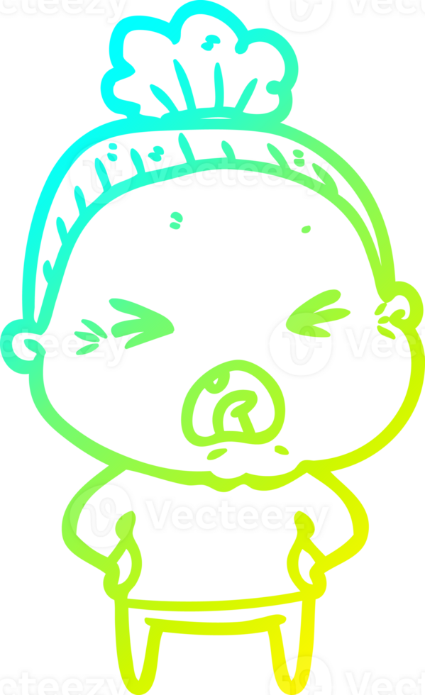 cold gradient line drawing of a cartoon angry old woman png