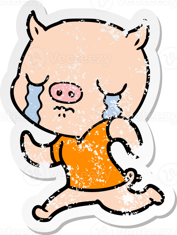distressed sticker of a cartoon pig crying running away png