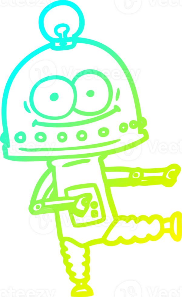 cold gradient line drawing of a happy carton robot with light bulb png
