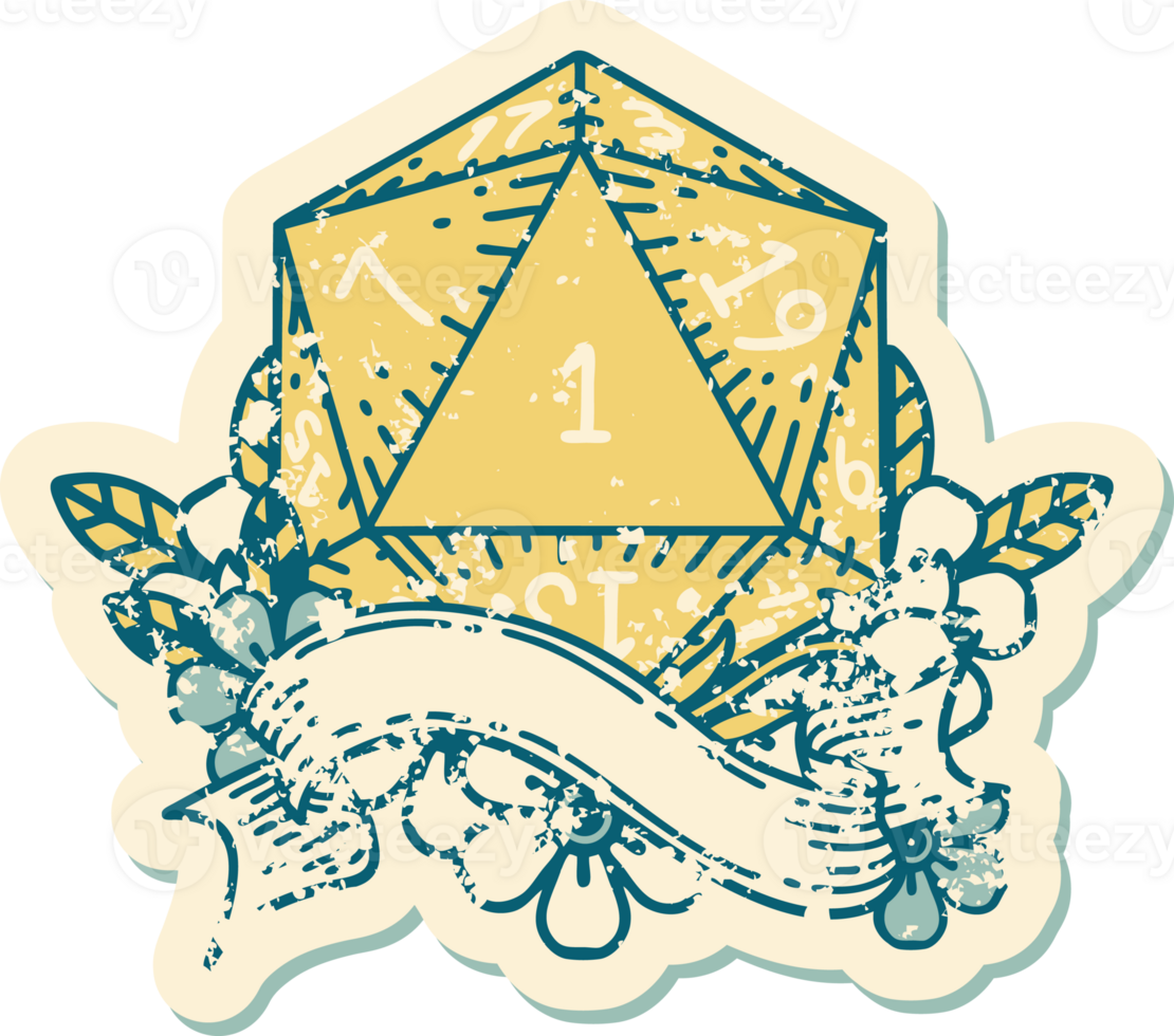 Retro Tattoo Style natural one d20 dice roll png
