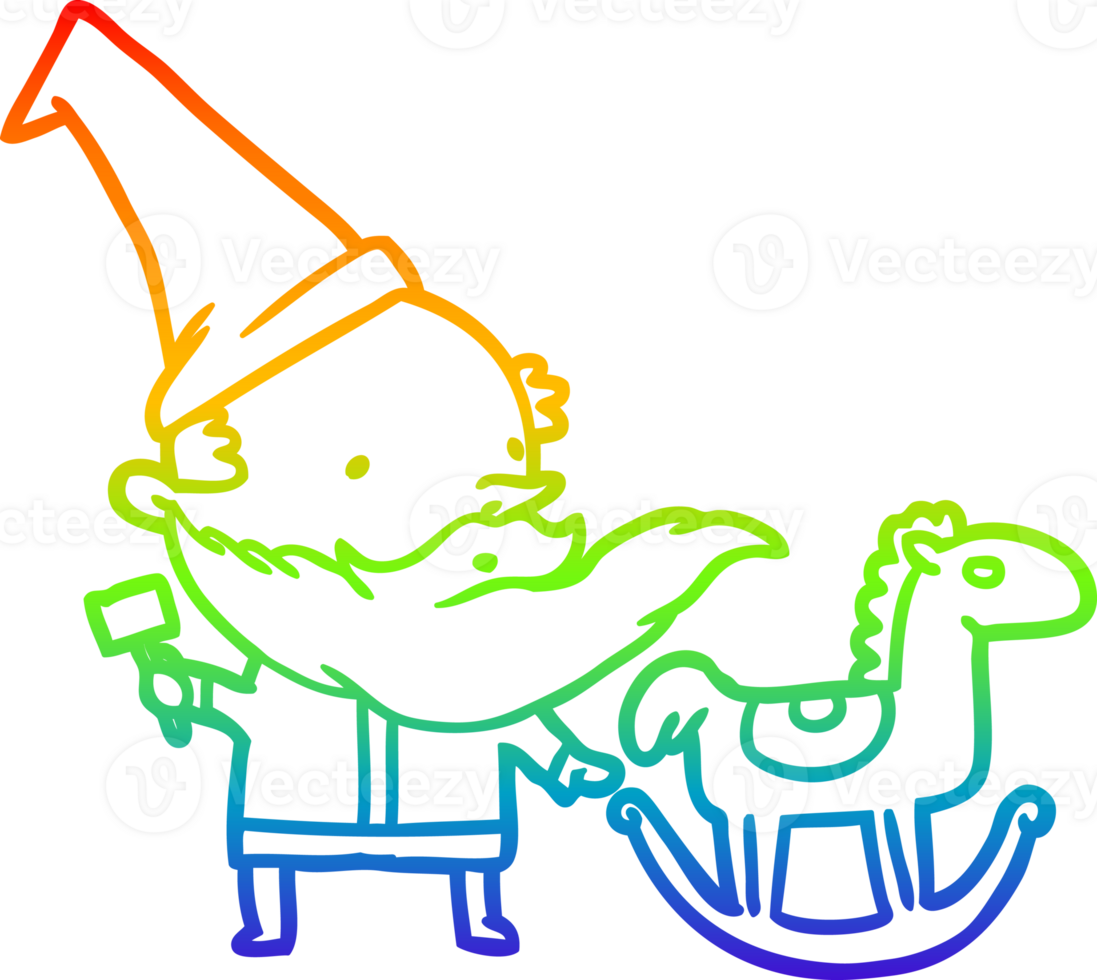 rainbow gradient line drawing of a santa or elf making a rocking horse png