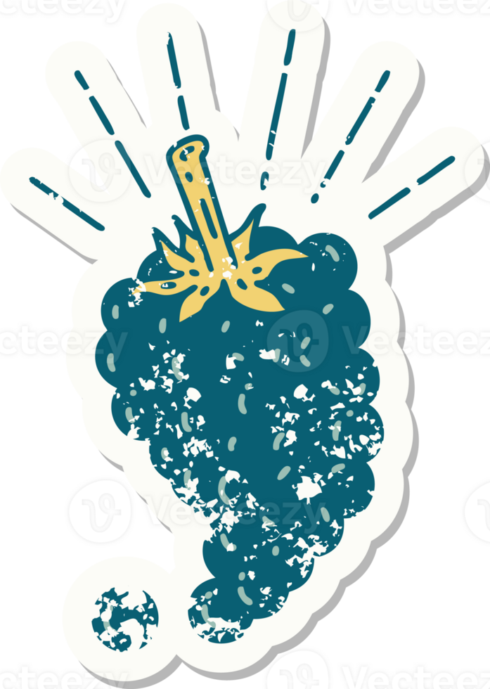 worn old sticker of a tattoo style bunch of grapes png