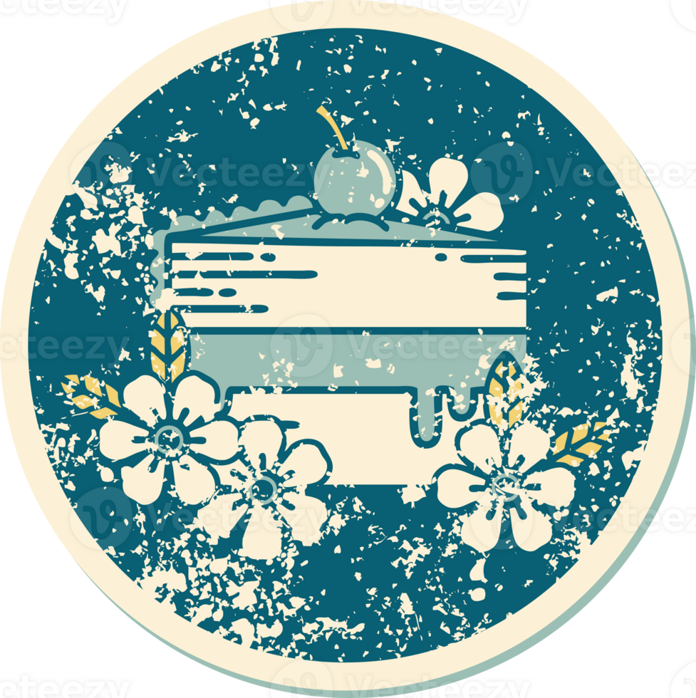 iconic distressed sticker tattoo style image of a slice of cake and flowers png