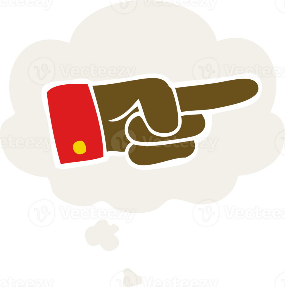 cartoon pointing hand with thought bubble in retro style png